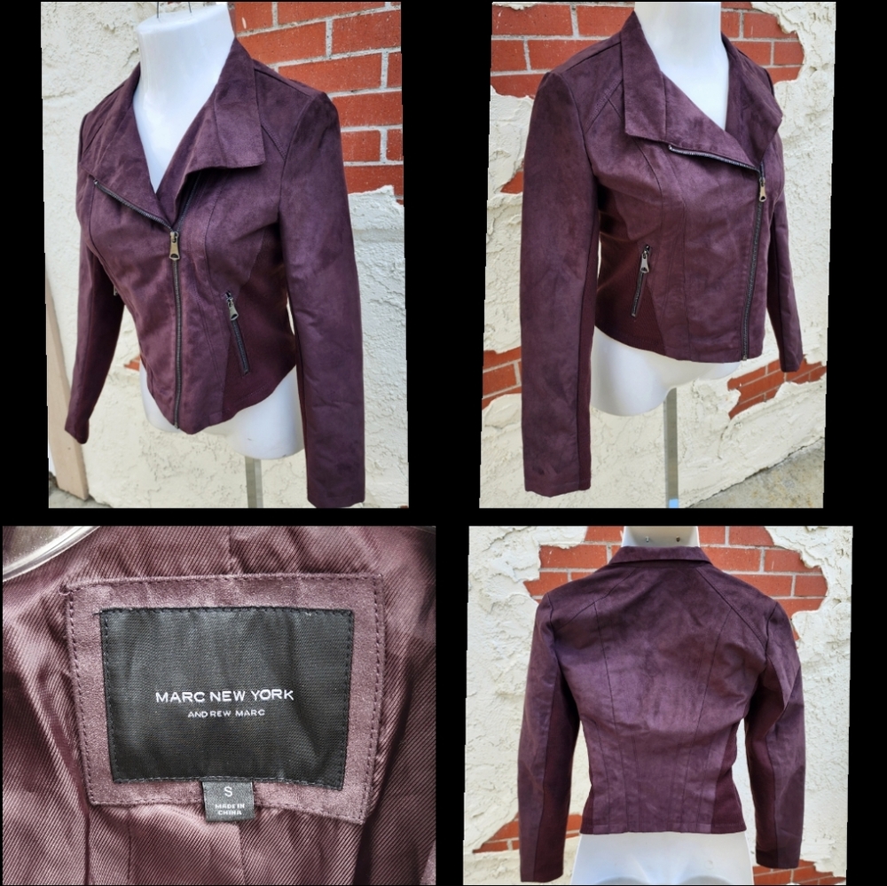SMALL women MARC NEW YORK faux suede knit combo short moto jacket brown